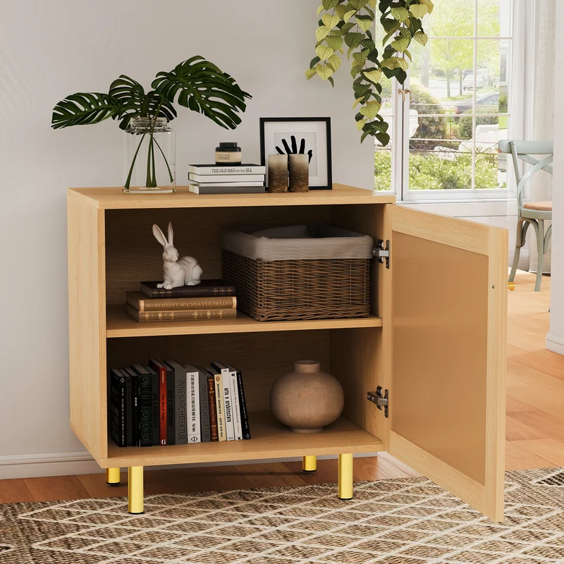 Buffet bas effet bois en rotin tressé 1 porte, 60x40x63 cm HALOITE