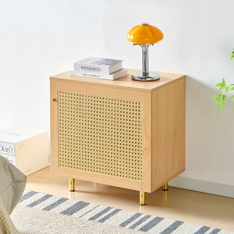 Buffet bas effet bois en rotin tressé 1 porte, 60x40x63 cm HALOITE