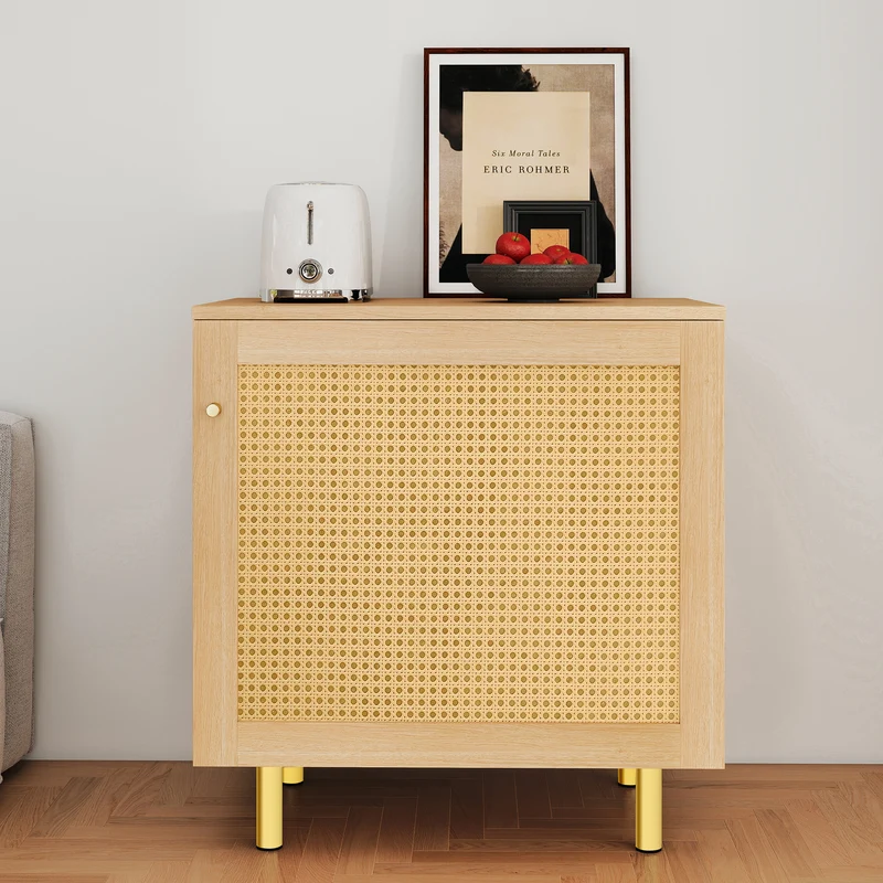 Buffet bas effet bois en rotin tressé 1 porte, 60x40x63 cm HALOITE