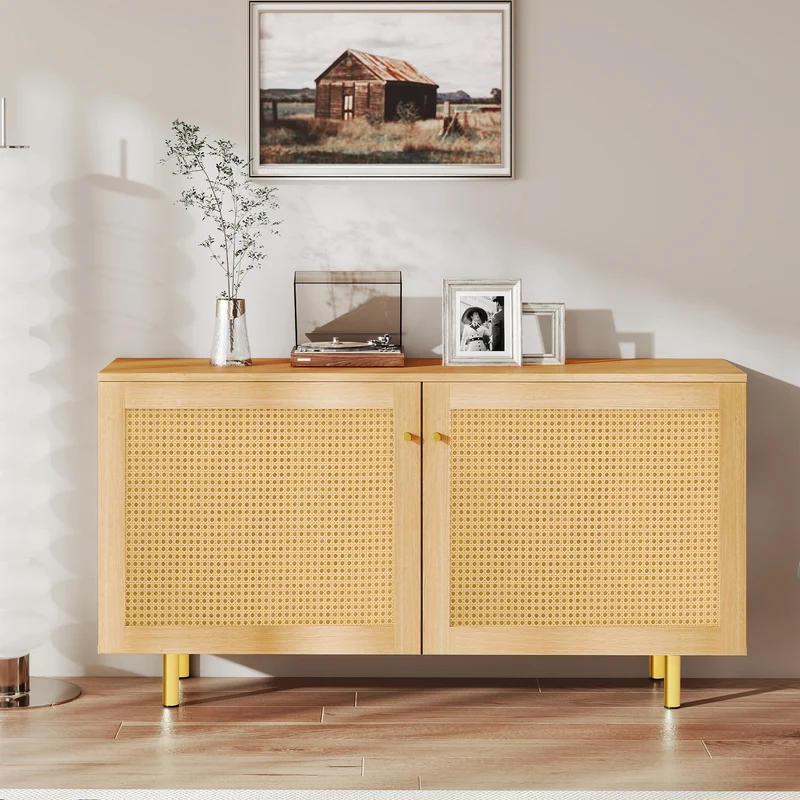 Buffet effet bois 2 portes en rotin clair 120x40x63cm CRESTORA