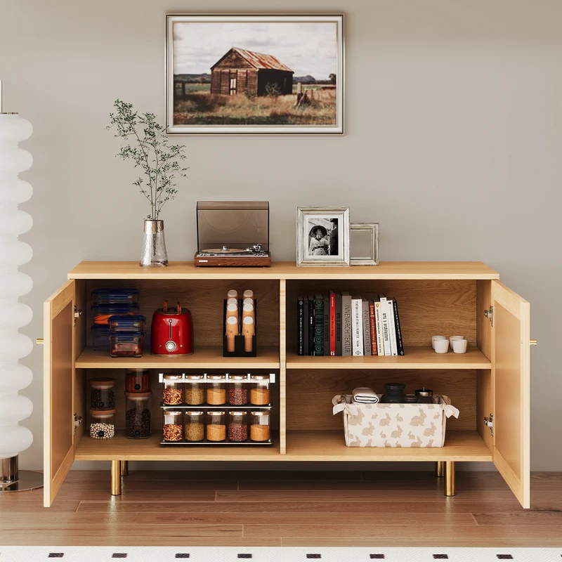 Buffet effet bois 2 portes en rotin clair 120x40x63cm CRESTORA