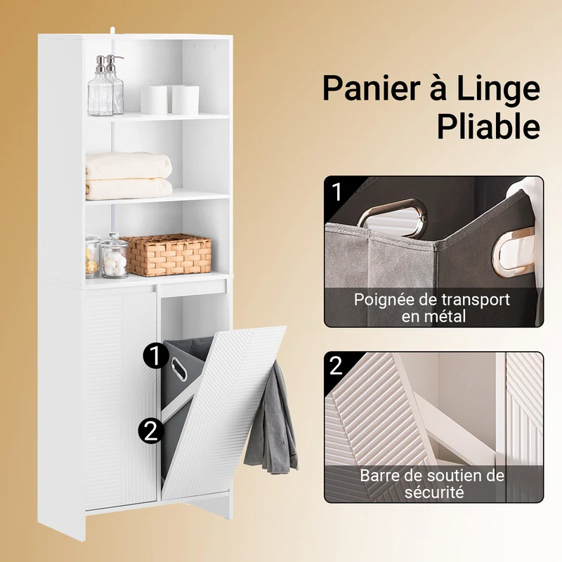 SoBuy BZR155-W Meuble Colonne Salle de Bain avec Panier à Linge – Armoire Haute Étroit avec Portes et Étagères Ouvertes – Meuble Rangement WC Blanc 60x30x171cm