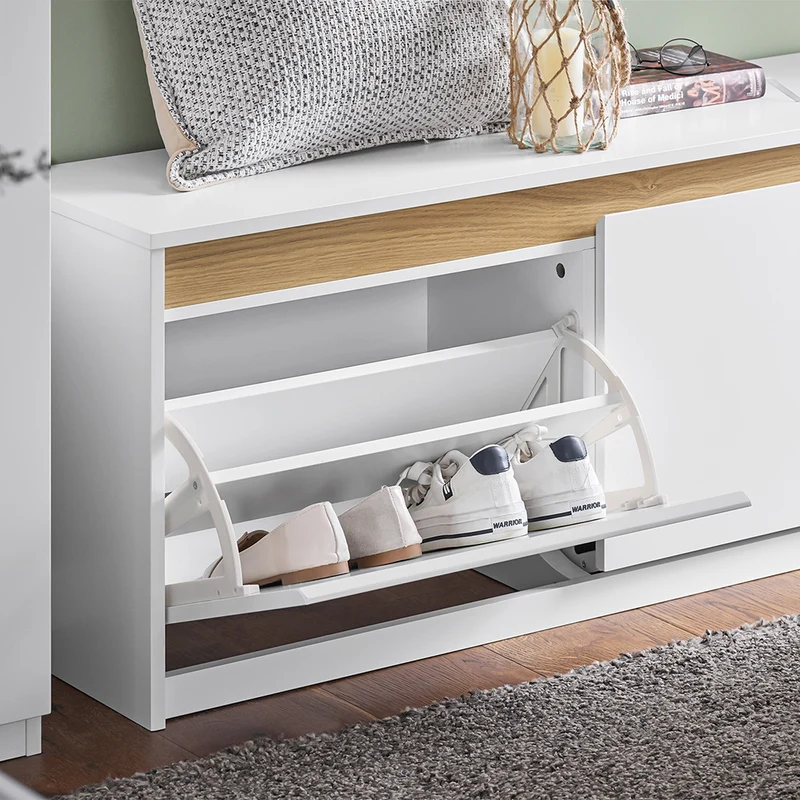 SoBuy FSR171-W Banc à Chaussures avec Compartiment Dissimulé et 2 Abattants – Charge 240 kg – Blanc et Bois