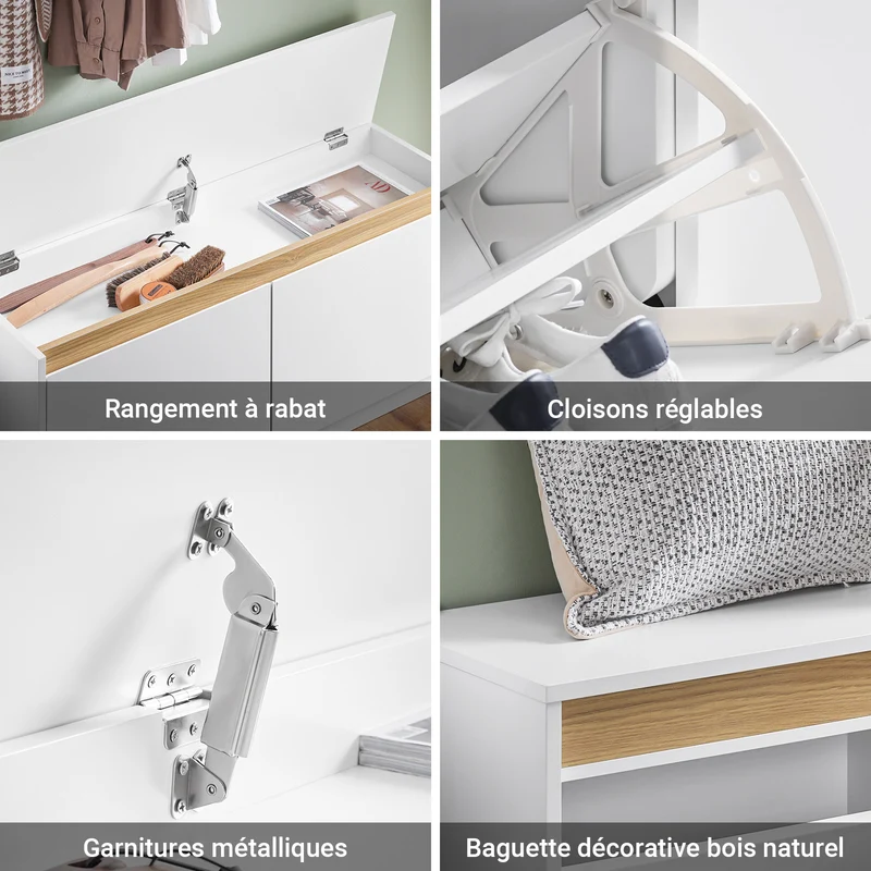 SoBuy FSR171-W Banc à Chaussures avec Compartiment Dissimulé et 2 Abattants – Charge 240 kg – Blanc et Bois