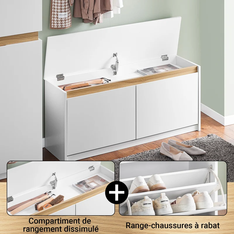 SoBuy FSR171-W Banc à Chaussures avec Compartiment Dissimulé et 2 Abattants – Charge 240 kg – Blanc et Bois