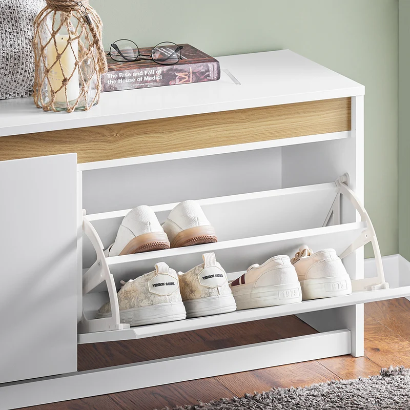 SoBuy FSR171-W Banc à Chaussures avec Compartiment Dissimulé et 2 Abattants – Charge 240 kg – Blanc et Bois