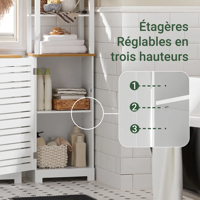 SoBuy BZR43-W Colonne Salle de Bain avec Porte à Lames, Gain de Place, pour Salle de Bain et WC, Rangement Optimisé, Compact – L40×P30×H160 cm, Bois, Blanc