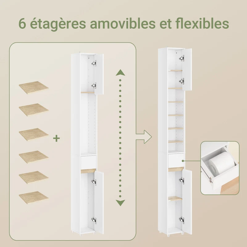 SoBuy BZR34-WN Meuble Étroit 20 cm – Colonne WC Gain de Place 180 cm, 2 Portes et 1 Tiroir, Blanc-Nature