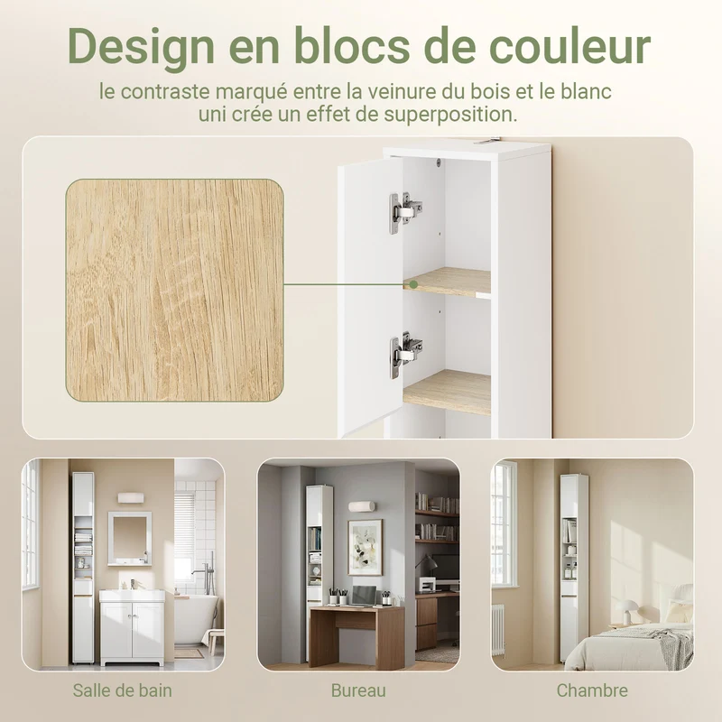 SoBuy BZR34-WN Meuble Étroit 20 cm – Colonne WC Gain de Place 180 cm, 2 Portes et 1 Tiroir, Blanc-Nature