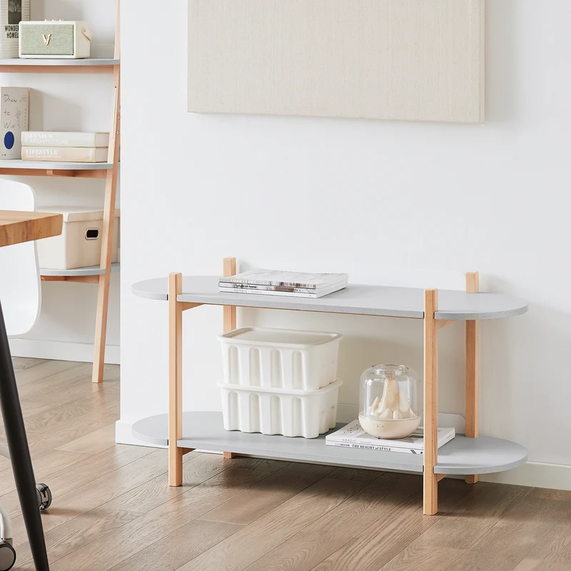 SoBuy HSTR01-HG Table d’Appoint avec 2 Niveaux, Rangement Optimisé, Design Fonctionnel, Usage Quotidien, Format Pratique – L100×P33×H52 cm, Bois, Gris