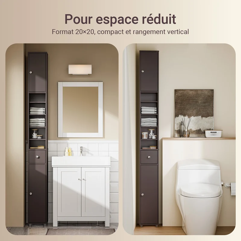 SoBuy BZR34-II-BR Colonne Salle de Bain Ultra-Étroite 20×20×180 cm – 1 Tiroir, 2 Portes, 5 Compartiments, Brun