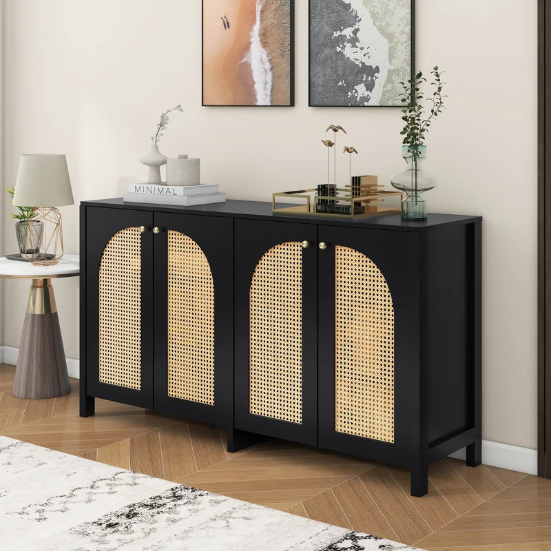 Buffet vintage noir 4 portes en rotin courbées UNNEL