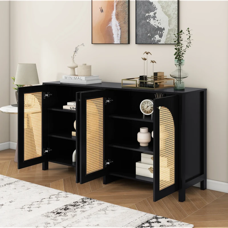 Buffet vintage noir 4 portes en rotin courbées UNNEL