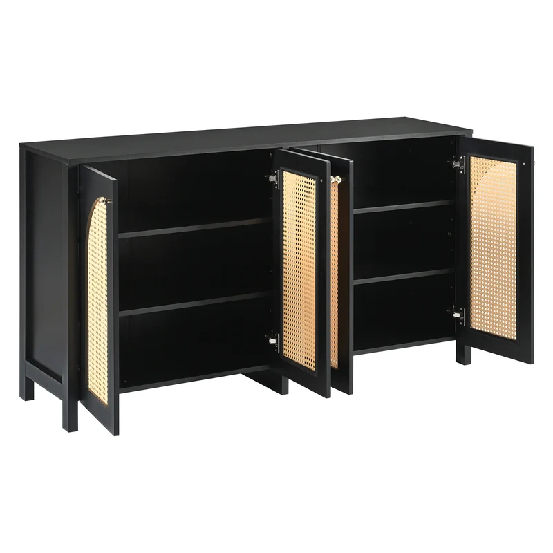 Buffet vintage noir 4 portes en rotin courbées UNNEL