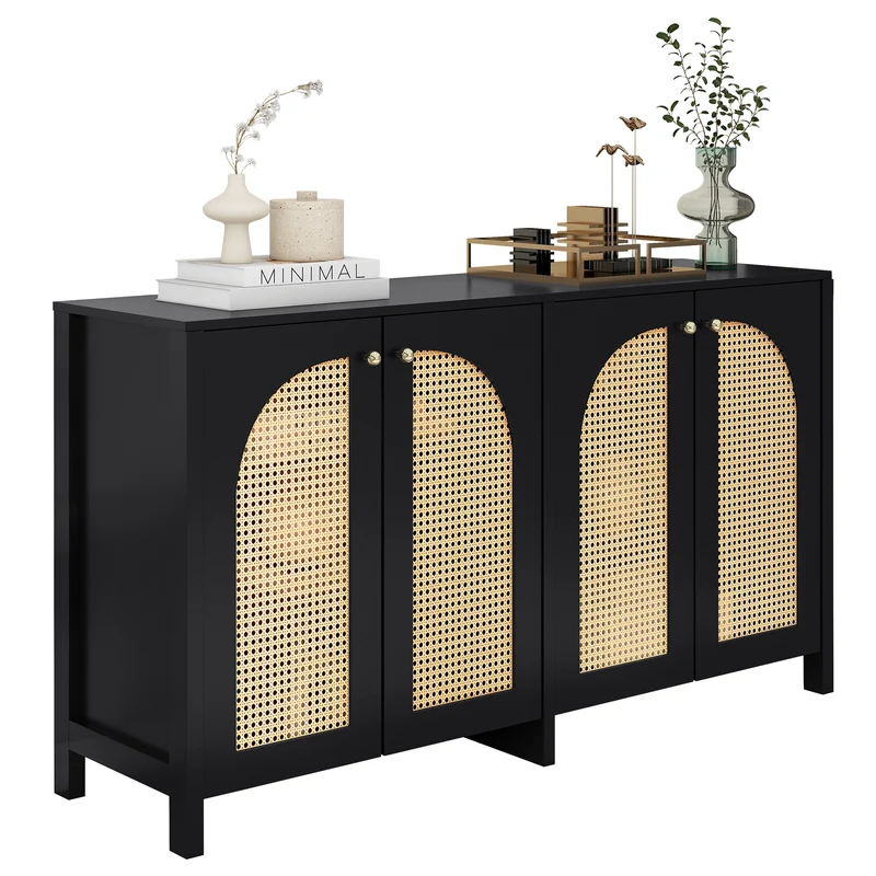 Buffet vintage noir 4 portes en rotin courbées UNNEL