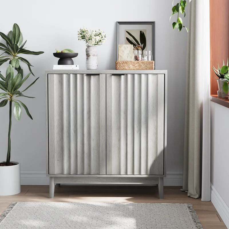 Buffet effet bois gris bords rainurés 2 portes 80*39*85cm VUHLOS