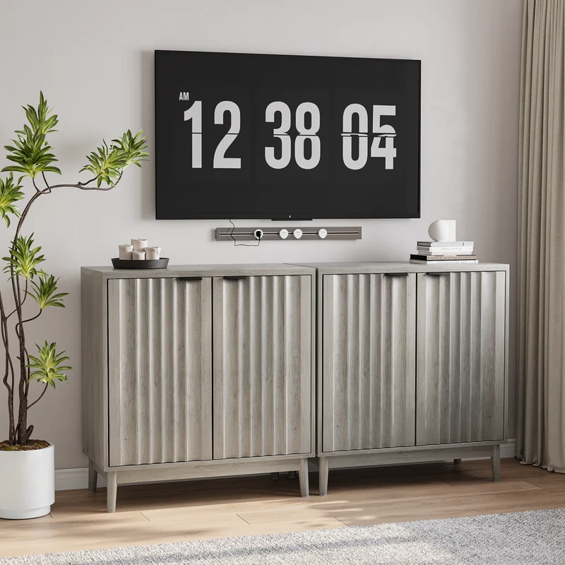 Buffet effet bois gris bords rainurés 2 portes 80*39*85cm VUHLOS