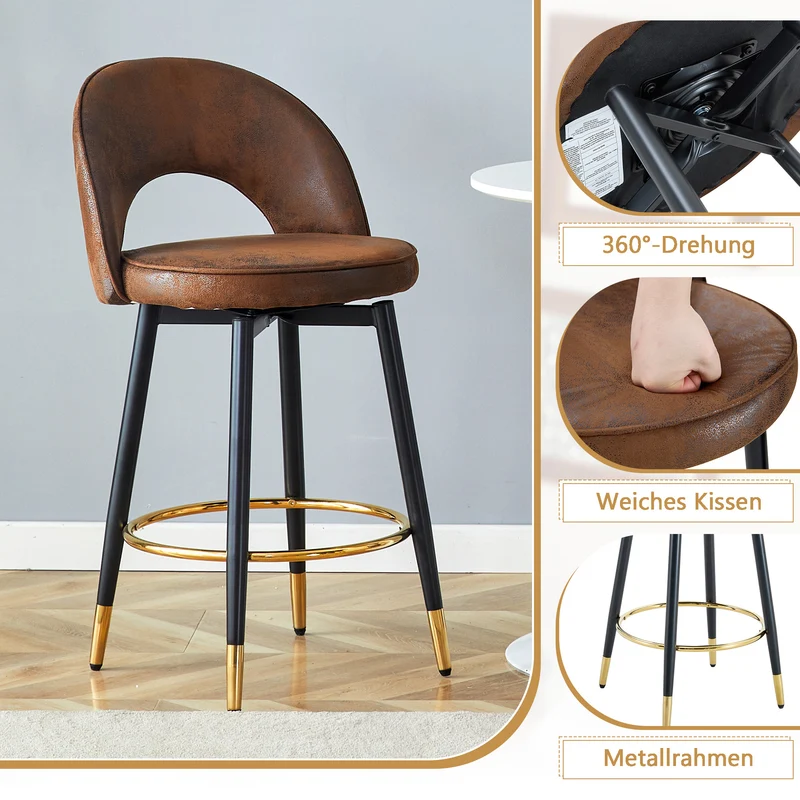 Lot de 2 tabourets de bar marron pivotant 360° style vintage pieds noir dorés et repose-pied HARMONIUS