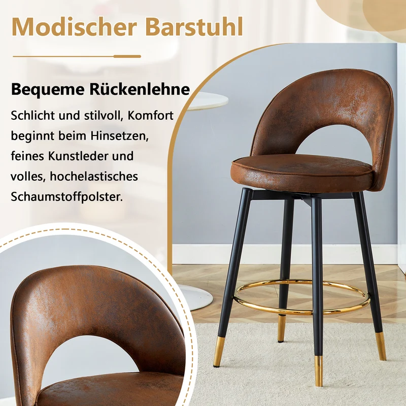 Lot de 2 tabourets de bar marron pivotant 360° style vintage pieds noir dorés et repose-pied HARMONIUS