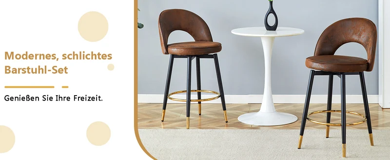 Lot de 2 tabourets de bar marron pivotant 360° style vintage pieds noir dorés et repose-pied HARMONIUS