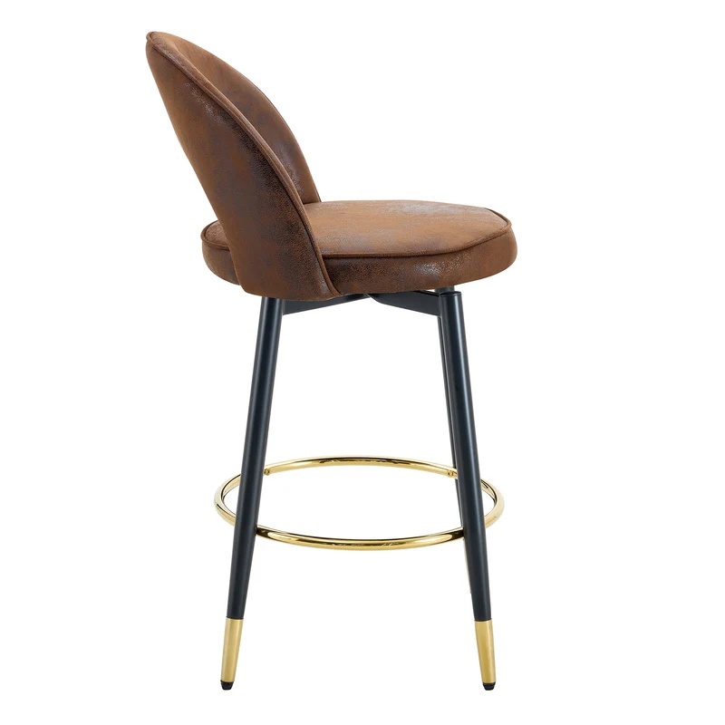 Lot de 2 tabourets de bar marron pivotant 360° style vintage pieds noir dorés et repose-pied HARMONIUS