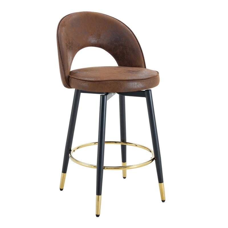 Lot de 2 tabourets de bar marron pivotant 360° style vintage pieds noir dorés et repose-pied HARMONIUS