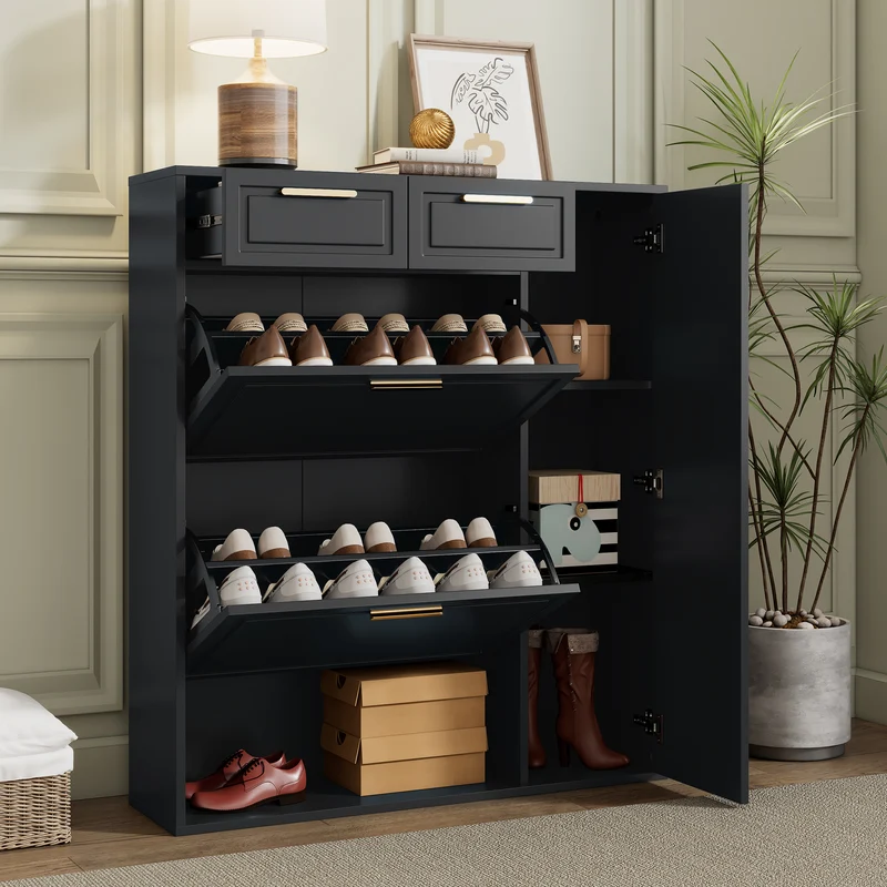 Meuble à chaussures noir avec tiroirs, étagères réglables KINKREK BLACK