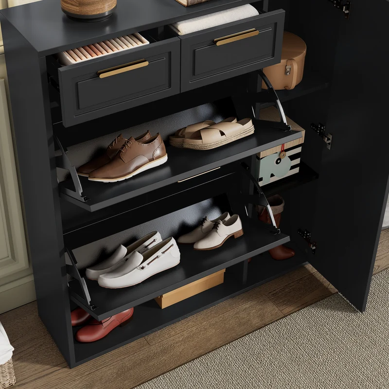 Meuble à chaussures noir avec tiroirs, étagères réglables KINKREK BLACK