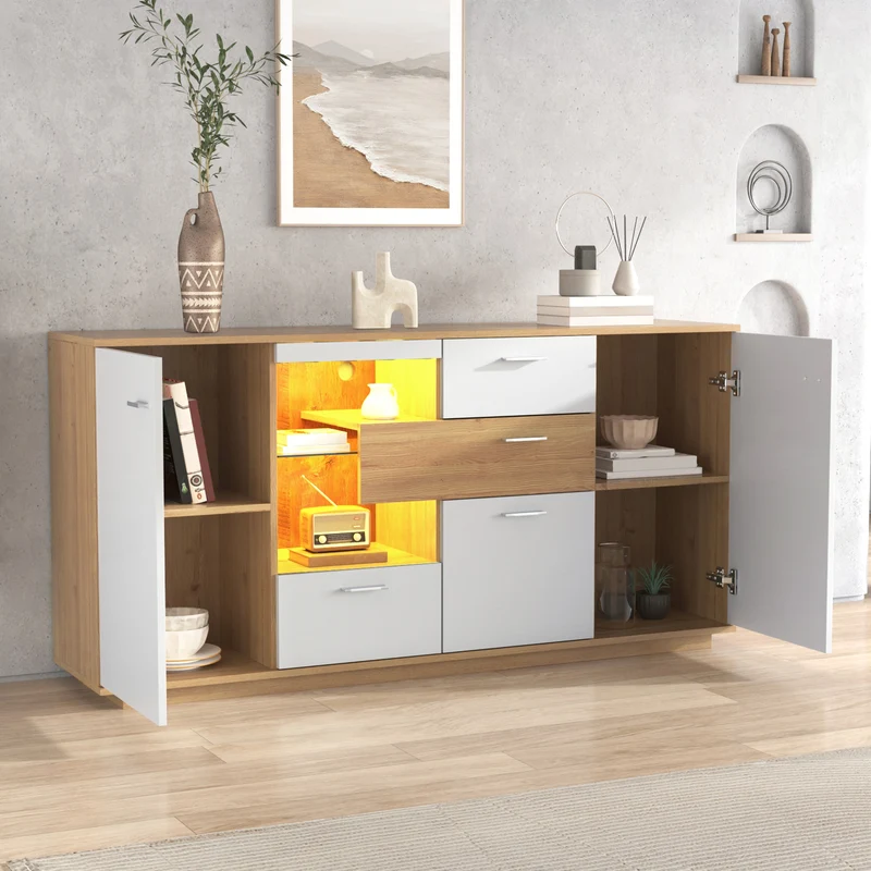 Buffet blanc et effet bois 2 portes 4 tiroirs avec éclairage LED 16 couleurs STUD