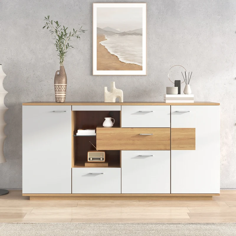 Buffet blanc et effet bois 2 portes 4 tiroirs avec éclairage LED 16 couleurs STUD