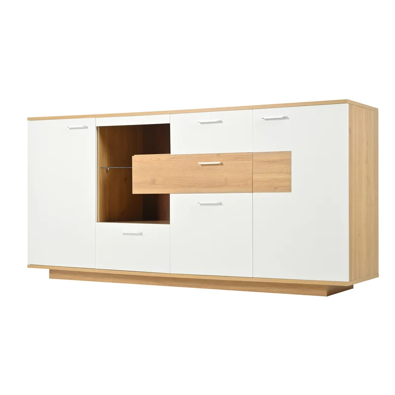 Buffet blanc et effet bois 2 portes 4 tiroirs avec éclairage LED 16 couleurs STUD