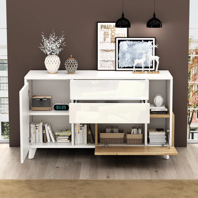 Buffet blanc brillant et effet bois 2 niches 2 tiroirs et 1 porte SHIELNIH