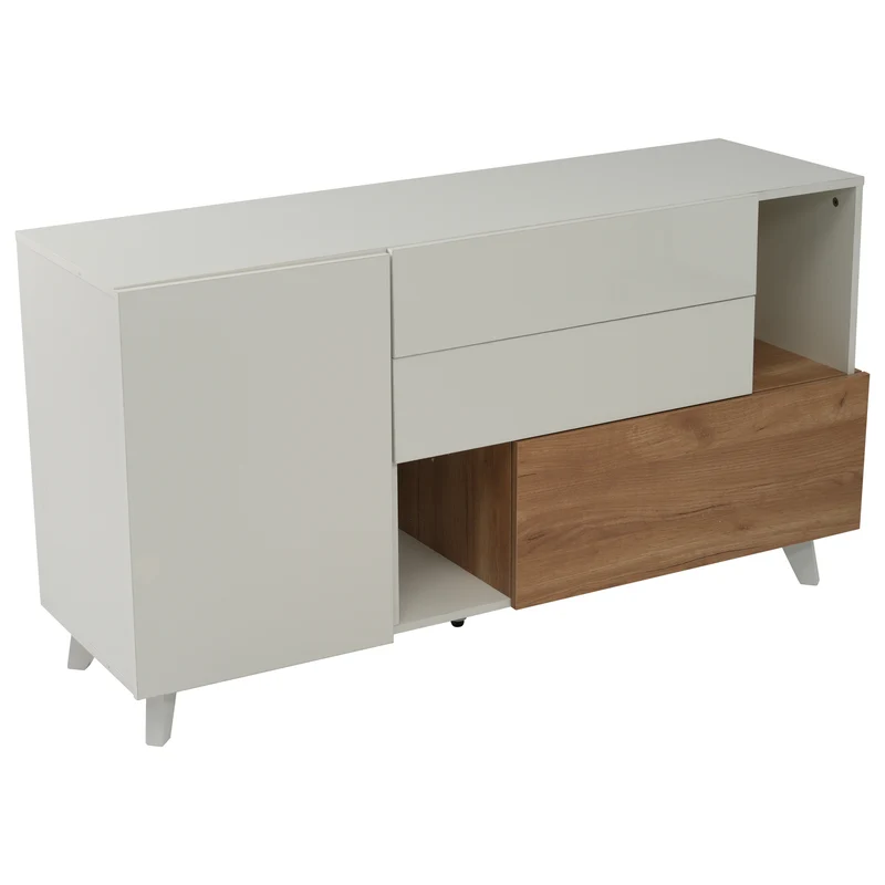 Buffet blanc brillant et effet bois 2 niches 2 tiroirs et 1 porte SHIELNIH
