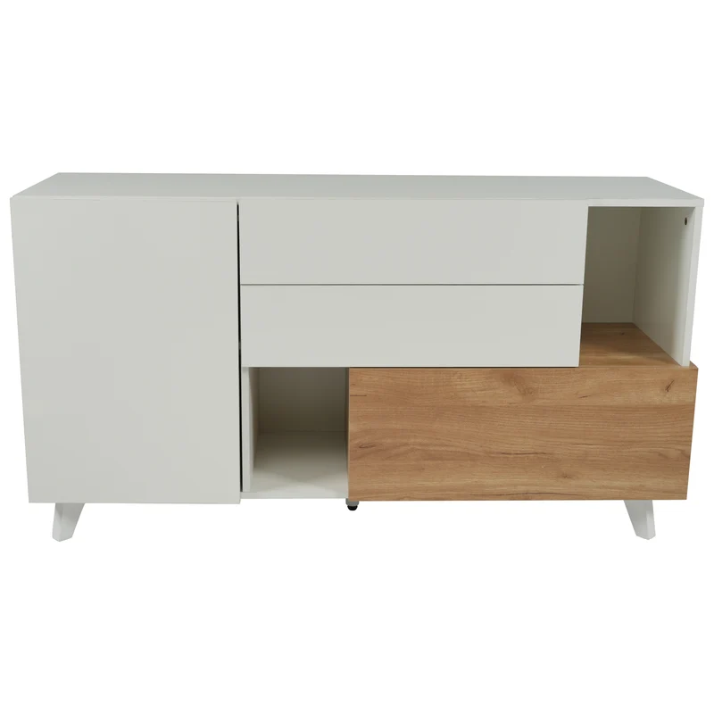 Buffet blanc brillant et effet bois 2 niches 2 tiroirs et 1 porte SHIELNIH