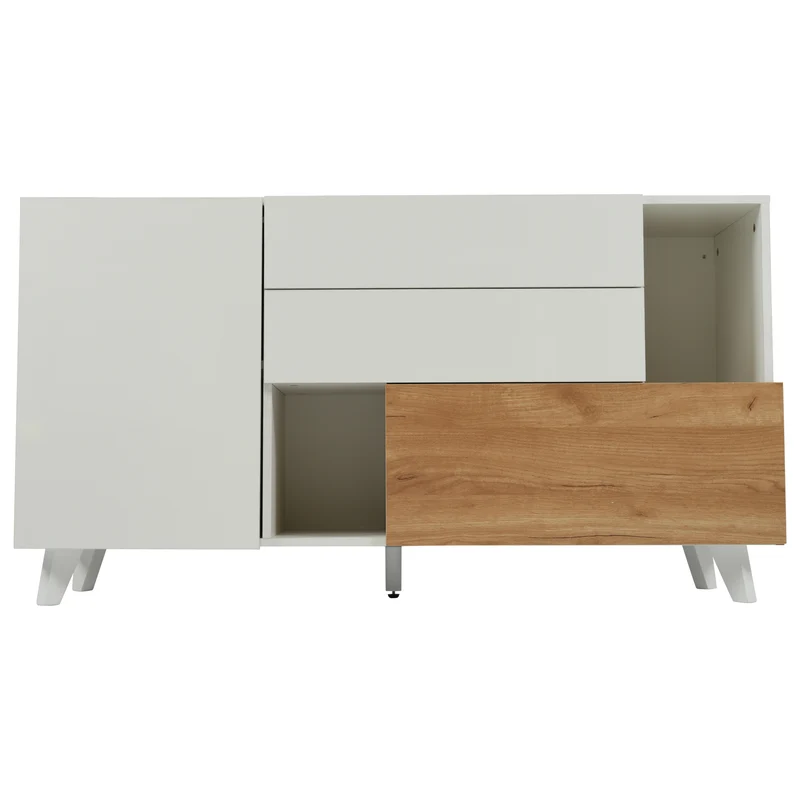 Buffet blanc brillant et effet bois 2 niches 2 tiroirs et 1 porte SHIELNIH