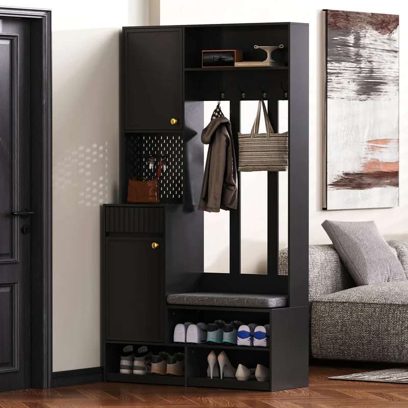 Vestiaire à l'entrée noir multifonction avec banc et rangements 100×180×35 cm BLISSUM