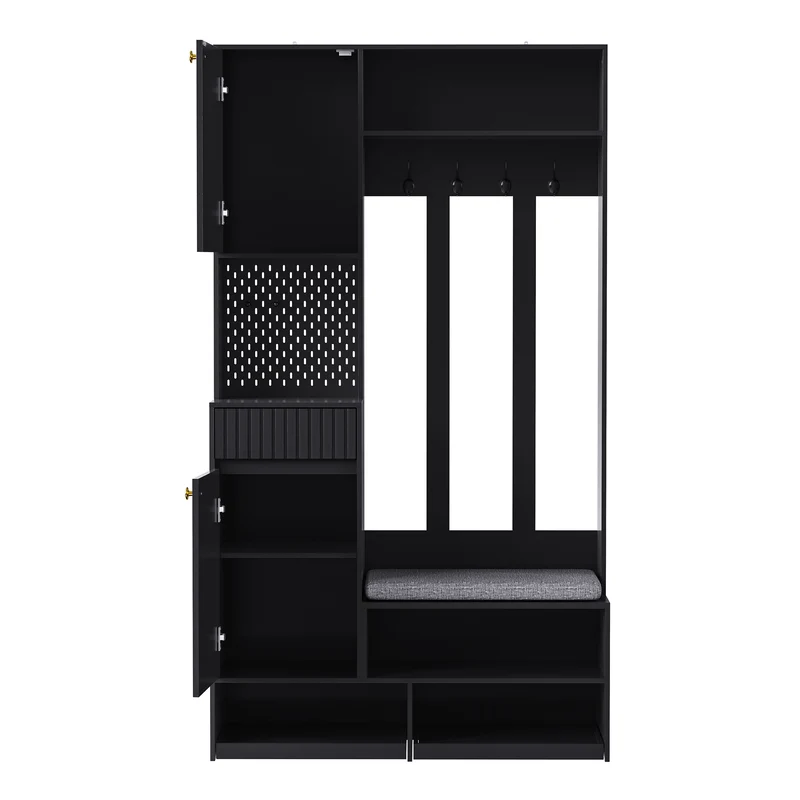 Vestiaire à l'entrée noir multifonction avec banc et rangements 100×180×35 cm BLISSUM
