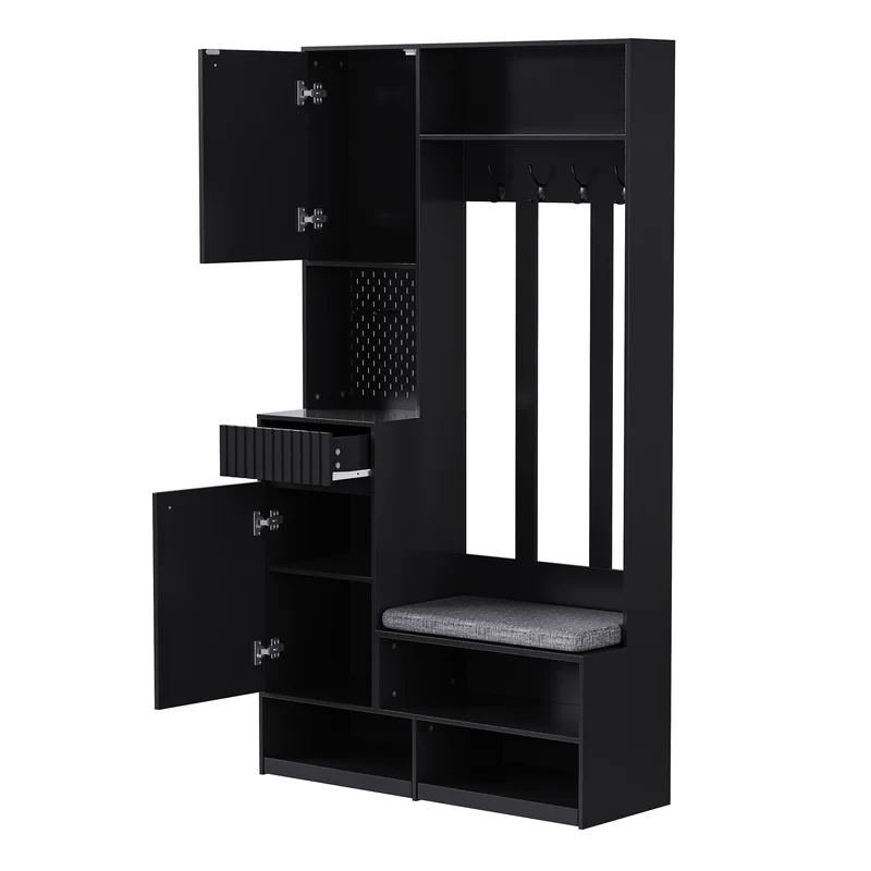 Vestiaire à l'entrée noir multifonction avec banc et rangements 100×180×35 cm BLISSUM