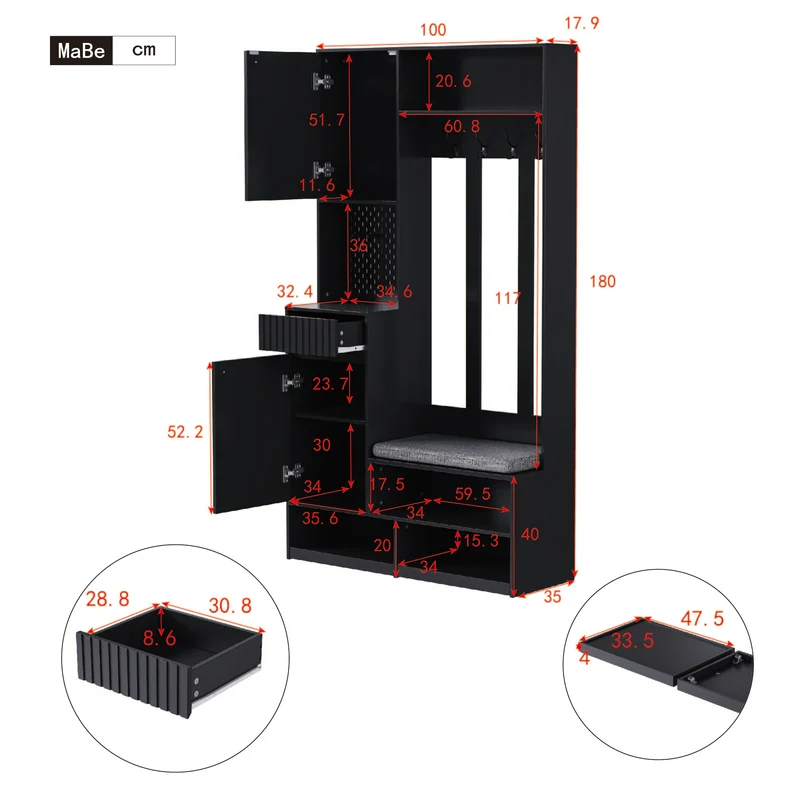Vestiaire à l'entrée noir multifonction avec banc et rangements 100×180×35 cm BLISSUM