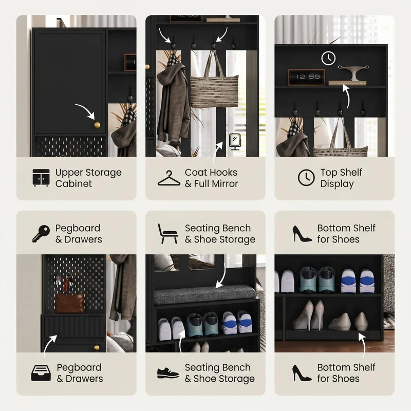 Vestiaire à l'entrée noir multifonction avec banc et rangements 100×180×35 cm BLISSUM