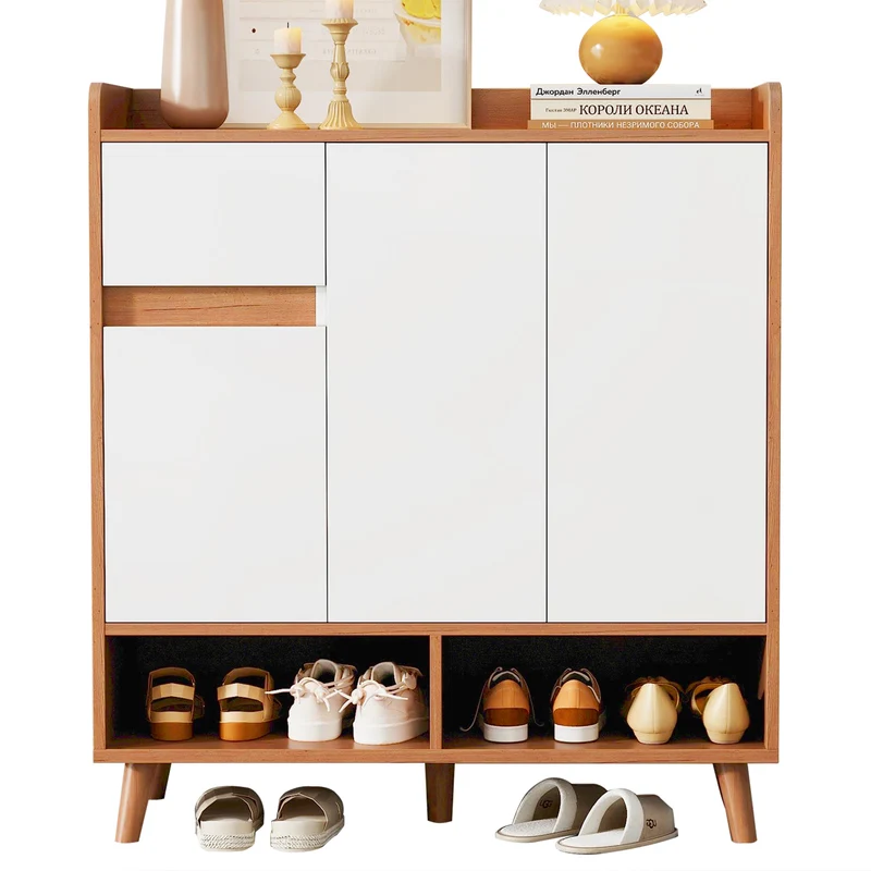 Meuble à chaussures blanc et effet bois 3 portes 1 tiroir 90x35x99 cm LUNALN