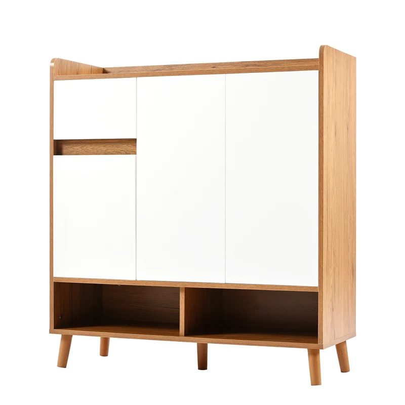 Meuble à chaussures blanc et effet bois 3 portes 1 tiroir 90x35x99 cm LUNALN
