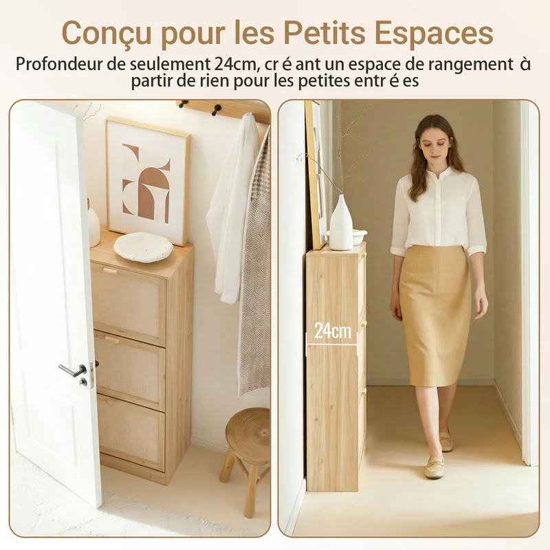SoBuy FSR159-N Armoire à Chaussures 3 Abattants – L60 × P24 × H118 cm, Naturel