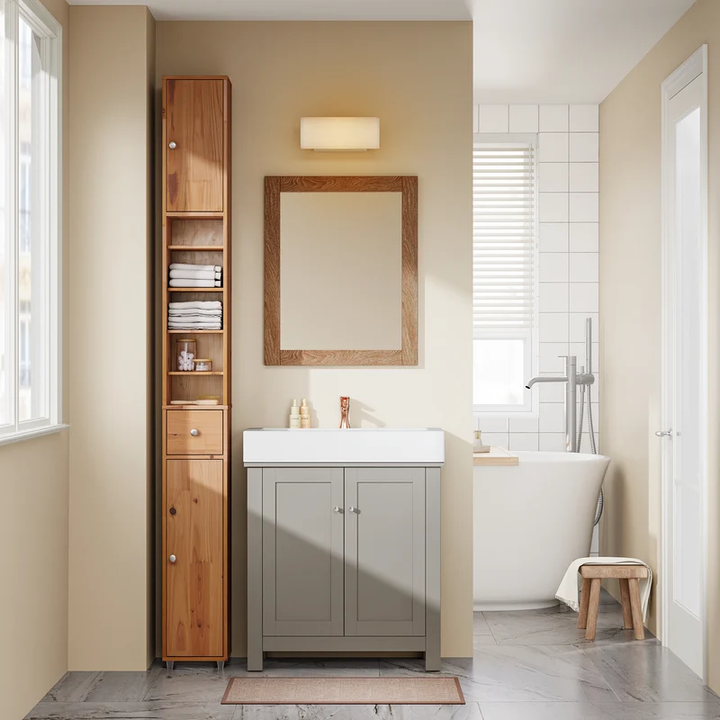 SoBuy BZR34-II-SH Colonne Salle de Bain Ultra-Étroite en Pin Massif, 4 Étagères Réglables et Tiroir, Anti-Basculement – Charge 25 kg – 20×20×180 cm, Bois