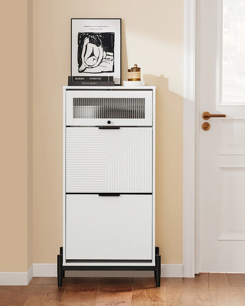 SoBuy FSB95-W Armoire à Chaussures 2 Abattants et 1 Porte en Verre, Meuble d'Entrée Design – 59x40x115 cm, Blanc