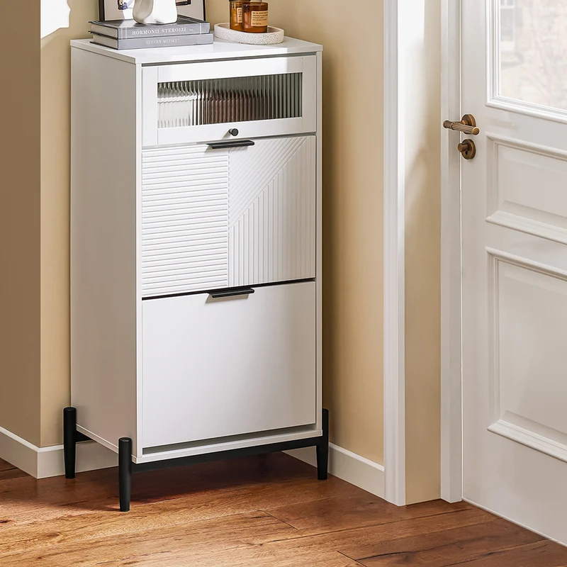 SoBuy FSB95-W Armoire à Chaussures 2 Abattants et 1 Porte en Verre, Meuble d'Entrée Design – 59x40x115 cm, Blanc