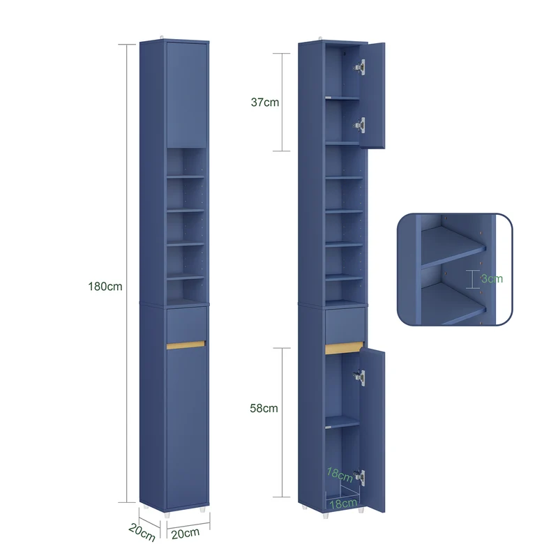 SoBuy BZR34-II-B Colonne Bleue Design – Meuble WC Ultra-Fin 20 cm, Décoratif, 180 cm