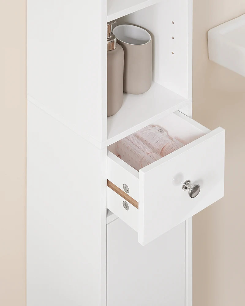 SoBuy BZR167-GW Colonne Salle de Bain avec 1 Tiroir, 2 Portes, 5 Compartiments Ouverts et Étagères Réglables, Gain de Place – L20×P20×H180 cm, Blanc Brillant