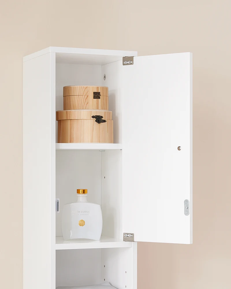 SoBuy BZR167-GW Colonne Salle de Bain avec 1 Tiroir, 2 Portes, 5 Compartiments Ouverts et Étagères Réglables, Gain de Place – L20×P20×H180 cm, Blanc Brillant