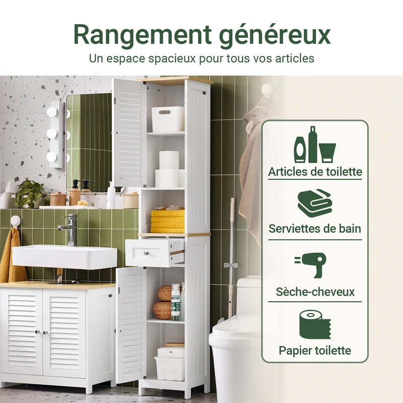 SoBuy FRG236-WN Meuble Colonne de Salle de Bain Armoire Haute Meuble de Rangement avec étagères réglables, 1 Tiroir et 2 Portes